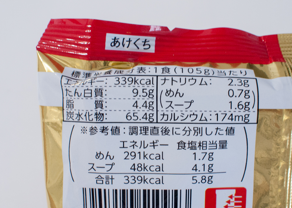 マルちゃん正麺　食品栄養成分表
